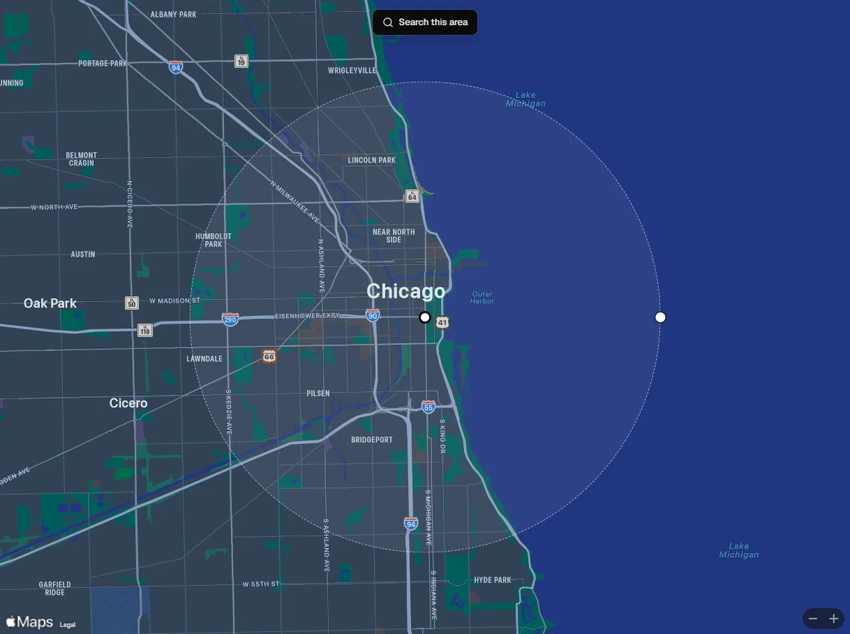 A map of Chicago with a 5 mile search circle